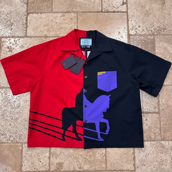 Prada Double Match FW20 Black Purple Red Horse Bowling Shirt - Picture 3 of 15